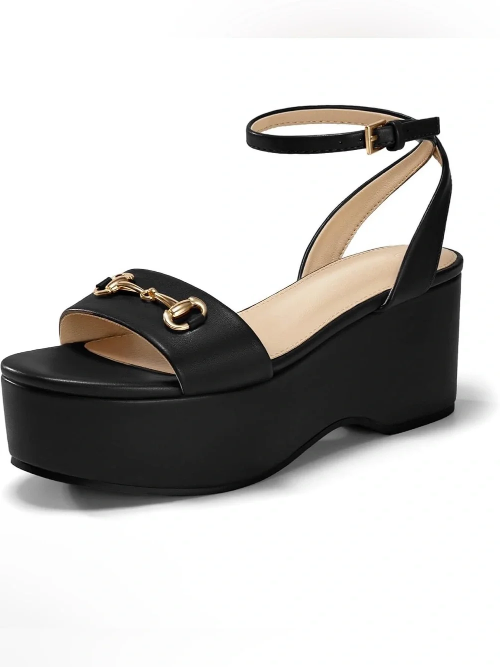 Black Platform Sandals with Open Toe, Ankle Strap, & Horsebit Buckle, Retail $69